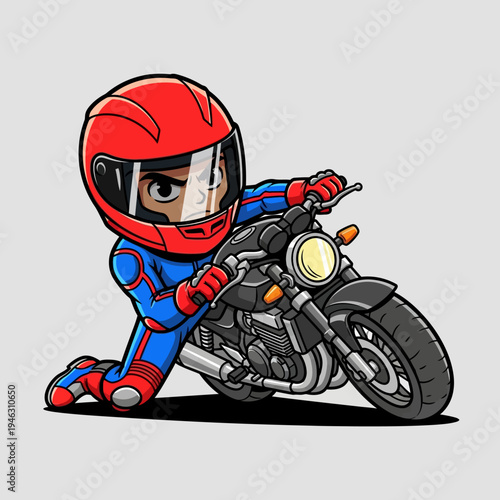 A cartoon character riding a motorcycle.