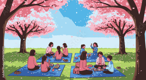 Illustration of a group of people having a picnic under blooming cherry blossom trees in a park with green grass and a clear blue sky.