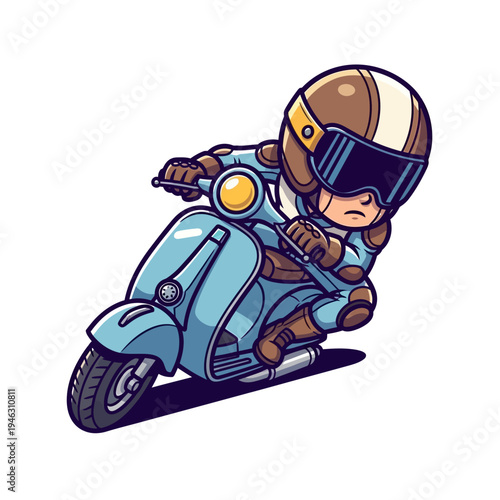 A cartoon character riding a scooter.