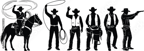 Black vector silhouette collection of western cowboys featuring a horse rider with lasso rope gunslinger with revolver and ranch workers isolated on white background