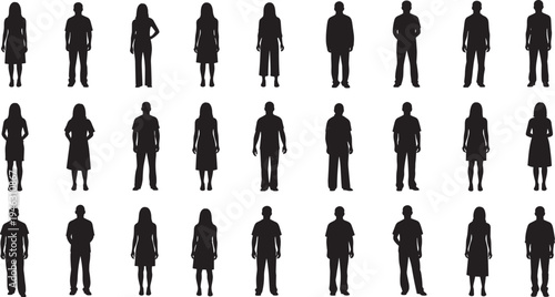 Silhouettes of twenty-five diverse human figures in standing poses with varied clothing styles, ideal for demographic, fashion, posture, and character design references