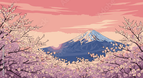 Illustration of Mount Fuji with cherry blossoms in the foreground against a pink sunset sky with snow-capped peak.