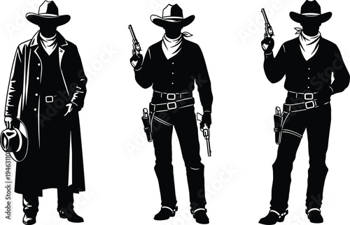 Vector black silhouette collection of three western cowboys wearing hats and bandanas holding revolvers including a gunslinger in a long duster coat on white