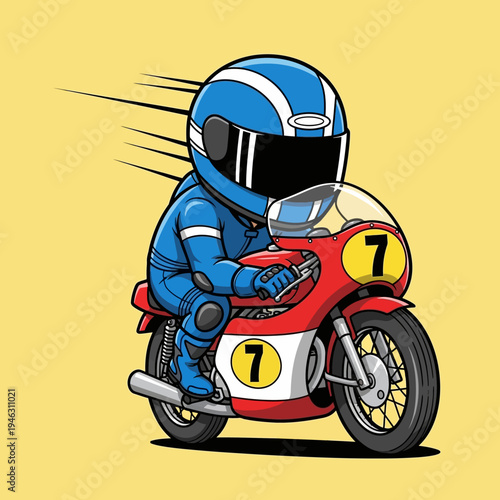Racing motorcycle rider in blue suit.