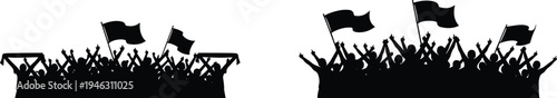 Set of cheering crowd silhouettes with flags and banners, celebrating audience at concert, festival, sports event, or public gathering.