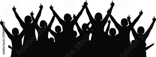 Set of cheering crowd silhouettes with flags and banners, celebrating audience at concert, festival, sports event, or public gathering.