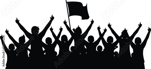 Set of cheering crowd silhouettes with flags and banners, celebrating audience at concert, festival, sports event, or public gathering.