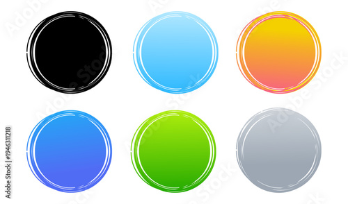 A collection of six vibrant handdrawn circle badges with distinct gradient fills and artistic, sketchy outlines. Ideal for modern graphic design projects and branding.