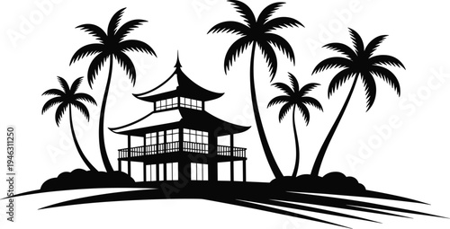 Asian pagoda house with palm trees silhouette, tropical landscape architecture illustration, oriental pavilion building nature scenery vector design