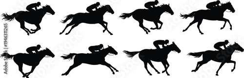 Horse racing silhouettes set, jockey riding running horses collection, equestrian sport competition illustration, thoroughbred race vector design for speed concept