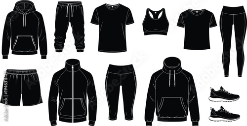 Vector collection of black sportswear icons and activewear silhouettes including hoodies, leggings, t-shirts, shorts, and sneakers isolated on white background for fitness fashion design.