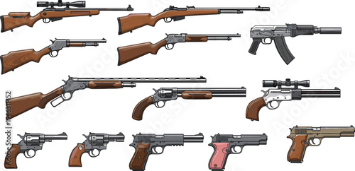 Vector collection of black tree silhouettes including deciduous and coniferous species with bare winter branches and full summer foliage isolated on white background for landscape design.