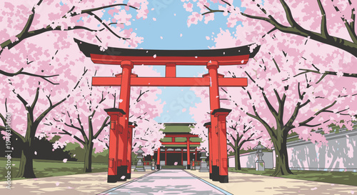 A vibrant Japanese torii gate stands at the entrance of a pathway lined with blooming pink cherry blossom trees under a clear blue sky.