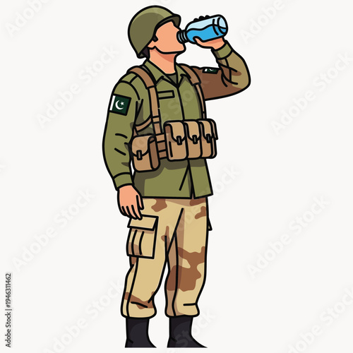 pakistani soldier drinking water from a bottle in desert uniform