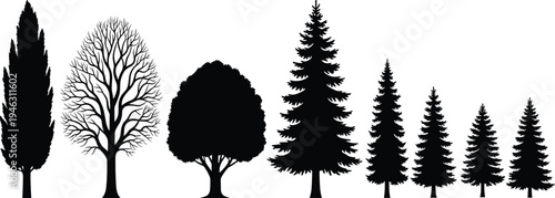Vector collection of diverse tree silhouettes including pine fir cypress and deciduous oak trees isolated on white background for forest landscape and environmental design projects
