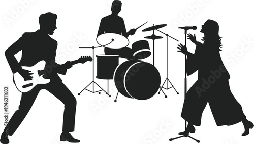 Rock band performance silhouette, guitarist drummer singer on stage, live music concert illustration, musicians playing instruments, entertainment vector design