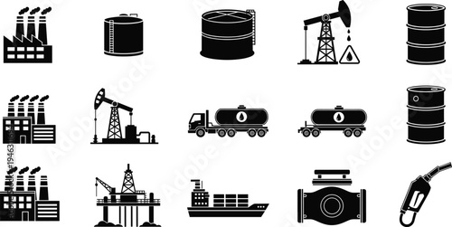 Vector icon set featuring black silhouettes of industrial oil refineries fuel storage tanks petroleum pump jacks and global energy transport vehicles for engineering.