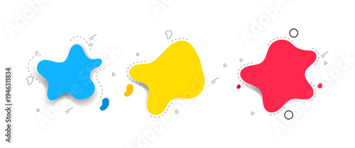 Abstract vibrant blue, yellow, red liquid shapes with geometric line elements. Modern fluid graphic design background for various creative projects and marketing.