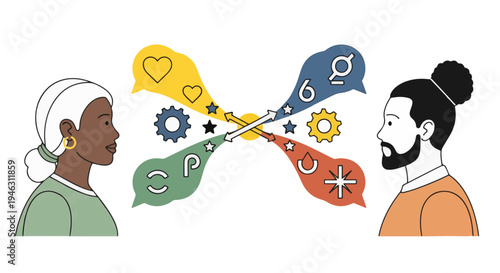 Illustration of a diverse couple exchanging love and social media interactions with colorful icons, symbolizing digital connection, relationships, and modern communication in a vibrant, flat design