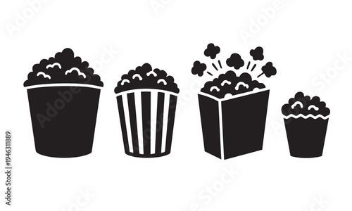 Cinema popcorn buckets and movie snack silhouettes 