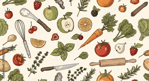 Vibrant Seamless Pattern of Fresh Fruits and Vegetables for Healthy Lifestyle Background
