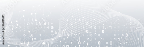 Abstract digital technology background featuring numbers 0, 1, interconnected network dots, and flowing lines, perfect for a futuristic data concept or modern design.