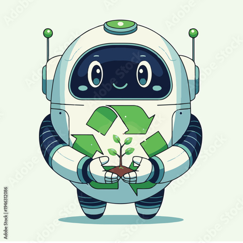 A charming 3D rendered eco-friendly robot cradles a vibrant green plant, symbolizing sustainability and futuristic technology in a clean, bright setting ideal for environmental and tech-themed project