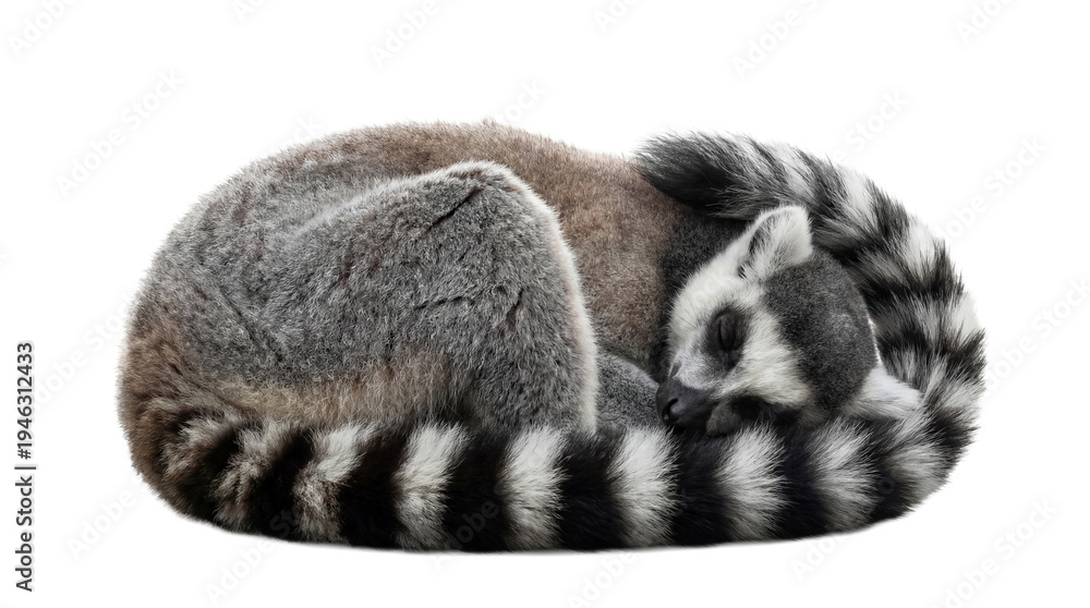 Obraz premium A peaceful ring-tailed lemur sleeping soundly, curled into a tight ball, its distinctive striped tail visible.