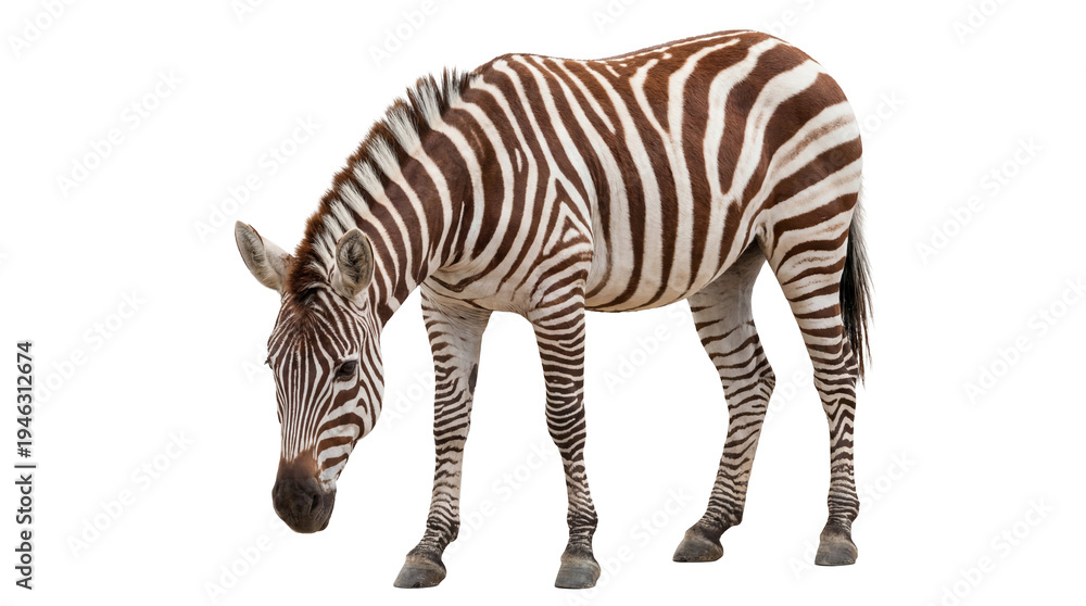 Fototapeta premium A beautiful plains zebra captured with its head down, grazing peacefully, isolated on a clean transparent background.