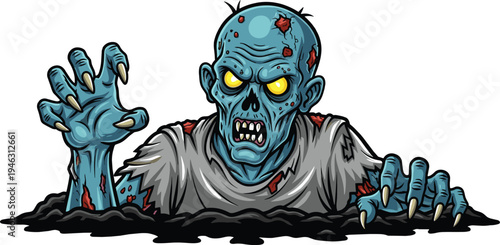 Creepy zombie emerging from ground, scary undead monster illustration, Halloween horror character with glowing eyes, spooky cartoon vector design for dark theme