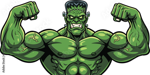 Frankenstein monster flexing muscles, green powerful mutant character, comic style strong bodybuilder creature, Halloween horror mascot, muscular superhero parody, bold cartoon illustration