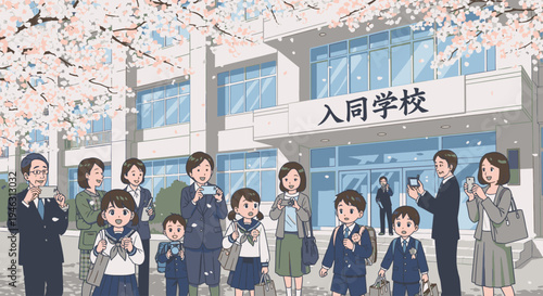 Diverse group of adults and children standing in front of a school building with cherry blossoms, waving, in a joyful and colorful scene.