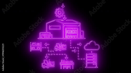 Wallpaper Mural Neon purple graphic illustration of a factory with industrial icons and machinery on a black background with a futuristic and technological mood. Torontodigital.ca