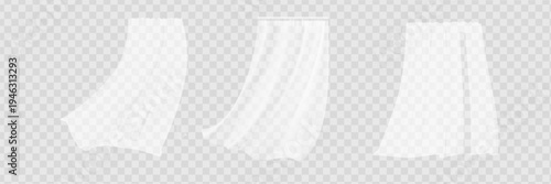 Set of realistic fluttering white cloths, soft lightweight clear material isolated on transparent background vector illustration
