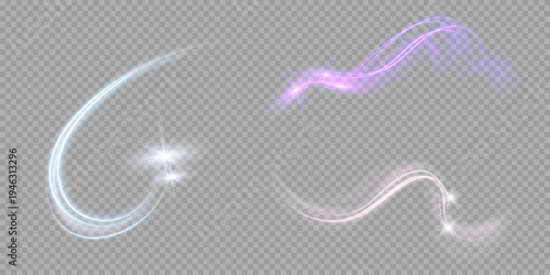 Abstract vector glowing magic star light effect from the neon blur of curved lines. Glittering stars dust trail from the side.flying comet on a transparent background.