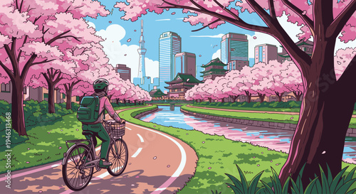 A cyclist rides along a winding path in a park with blooming cherry blossom trees and a city skyline in the background on a sunny day.