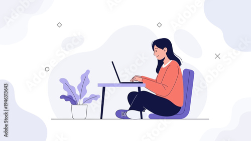Young woman working on laptop at home, flat design illustration