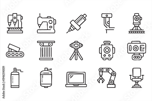 Factory machinery and robotic automation outline icons for industrial production systems and engineering tools