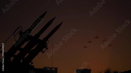 4K Anti-aircraft missile systems launching in combat. Military defense surface-to-air missile battery in war zone.