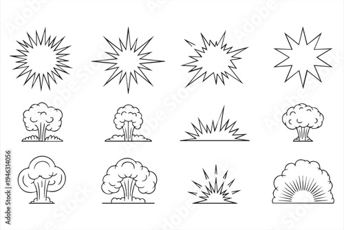 Explosion burst and smoke cloud line icons for comic effects, action graphics and dramatic impact visuals