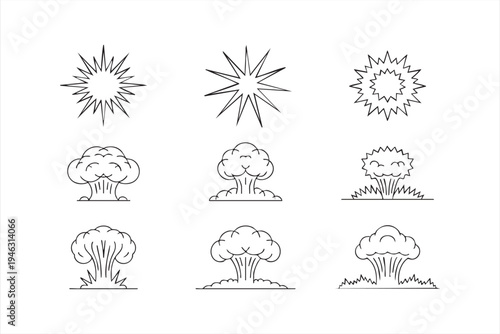 Comic blast and detonation outline icons for action scenes, impact graphics and visual effect elements