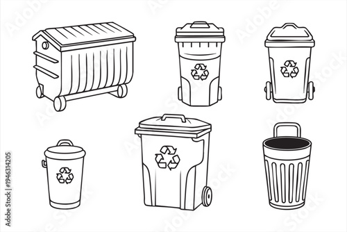 Trash container and recycle bin outline icons for municipal sanitation systems and environmental services