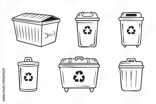 Waste disposal and recycling dumpster icon set for sanitation platforms and eco management systems