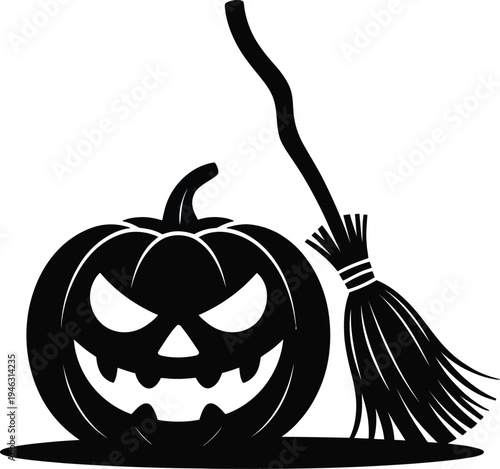 Black silhouette of a spooky jack-o-lantern with a broom on white background for Halloween