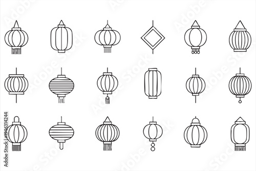 Chinese lantern festival line icons for traditional asian celebrations and decorative cultural ornaments