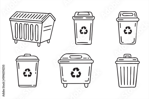 Garbage can and recycling container line icons for environmental services and waste management systems