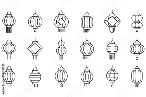 Traditional hanging paper lantern outline icons for lunar new year decorations and festive asian events