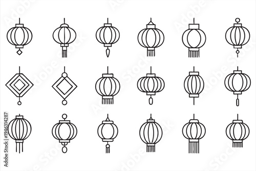 Chinese festive lantern and decorative lamp line icons for cultural celebration designs and asian events