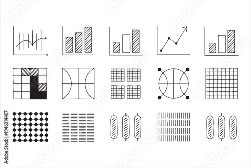 Analytics dashboard and business data chart line icons for reporting platforms and infographic visuals