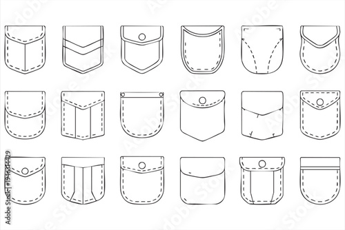 Garment pocket template and stitched flap outline icons for fashion design and tailoring projects